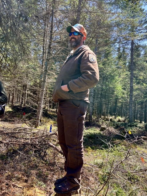 A person in uniform stands on a tree stump in the forest