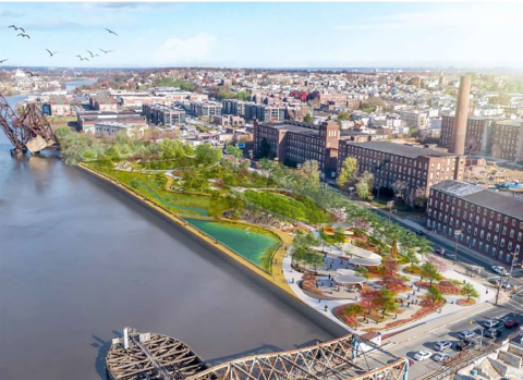 an aerial drawing of a riverside park near a large city