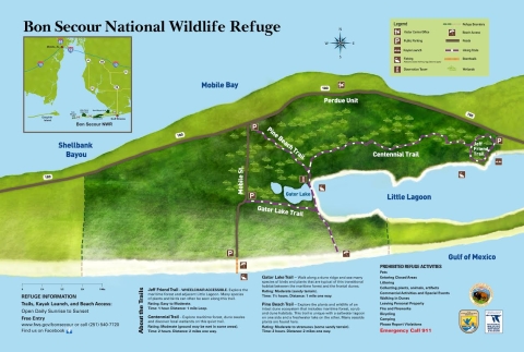 Illustrated image of map indicating location of trails at Bon Secour NWR