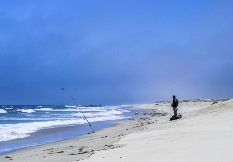 Person on the beach fishing with pole about 20 feet away at the ocean on bright sunny day