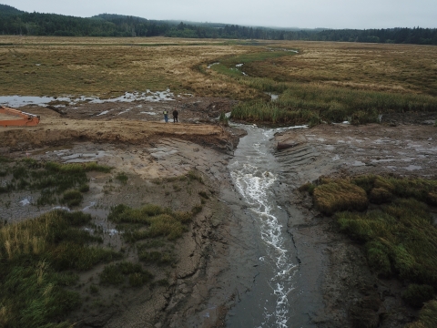 Water flowing through slough into marsh.