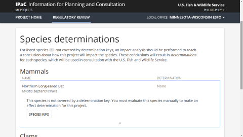 A thumbnail image of a "Species determinations" page in IPaC 