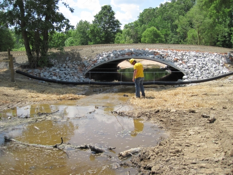 a man standing by a creek