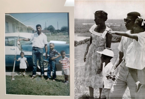 Black man and 3 kids in front of car; man holds fishing poles, fish; Couple with boy in between; girl in man's arms