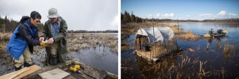 The first photo is Jean Tam (left) and Scott Christy (right) assembling the wooden raft before towing it to its anchor in Connors Lake. The second photo is the assembled raft on Connors Lake.