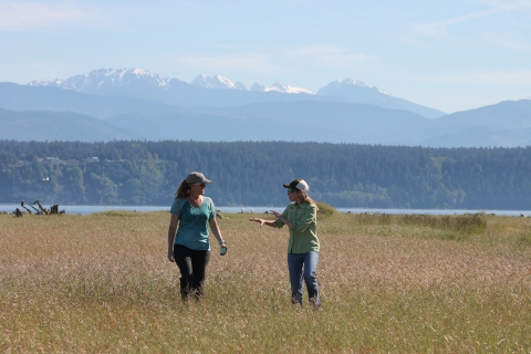 Two people walk in tall grass with water, forest and mountains in the background.