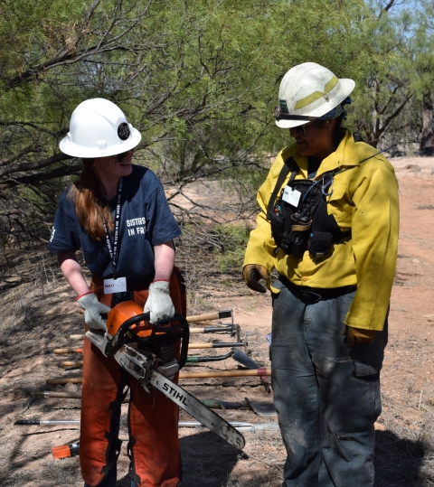 2 people, one with chainsaw