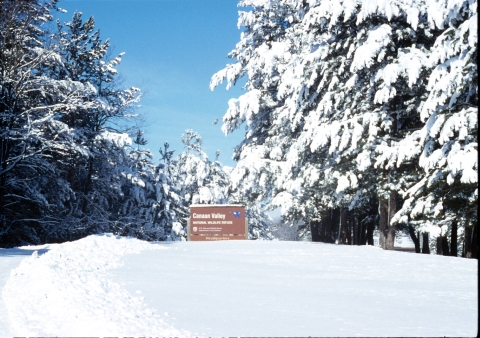 Canaan Valley NWR sign covered in snowy clearing with snow covered evergreen trees