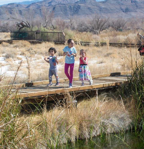 Three children walking on a boardwalk near water