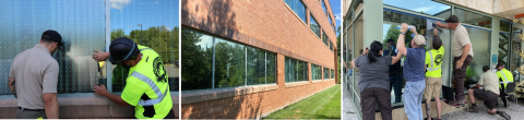 Image 1 (Left) Maintenance professionals install bird-friendly materials to the windows of the Northeast Regional Office in Hadley, MA. Image 2 (Center): USFWS Northeast Regional Headquarters bird-friendly glass on three story building. Image 3 (Right): Installing bird-friendly window treatment during the 2022 Maintenance & Managers Workshop at Patuxent Research Refuge.