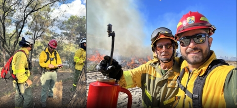 2 photos: 3 firefighters, one with clipboard; 2 firefighters in front of fire