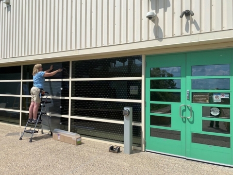 Bird strike prevention film being installed on a window