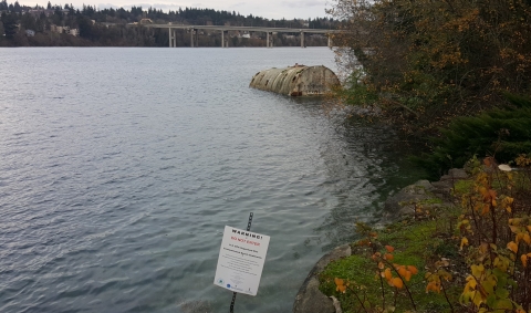 Shoreline with a posted warning sign reading "do not enter"