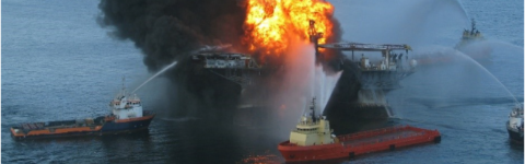 Platform supply vessels battle the blazing remnants of the off shore oil rig Deepwater Horizon photo by US Coast Guard