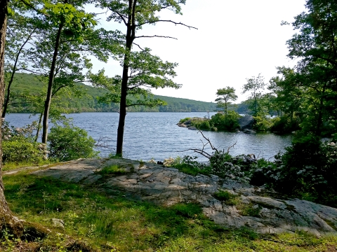 A view of the forested hills leads to a large open body of water below 