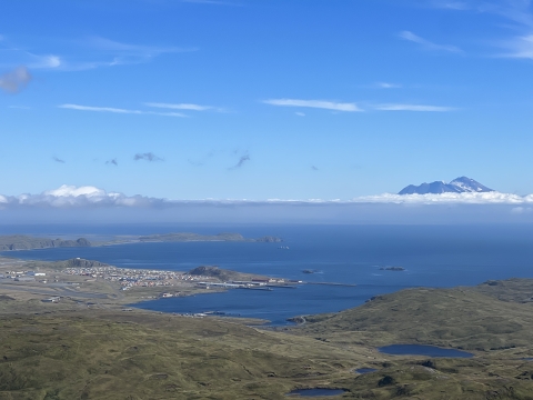 The town of Adak with the island Great Sitkin in the background.