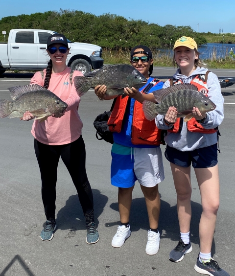 Florida Institute of Technology students showing off Nile tilapia (Oreochromis niloticus) caught during an aquatic invasive species survey