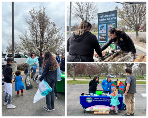 Three pictures can be seen in a collage. In the left, a woman is riding a stationary bike. In the top right, two people are looking at animal skins, and in the bottom right a young girl is spinning a colorful wheel while three people watch. 