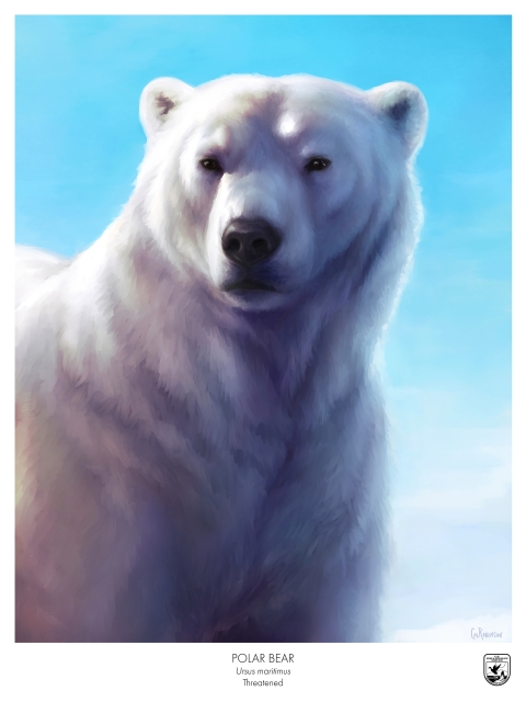 a painting of a white polar bear head and torso against a blue background