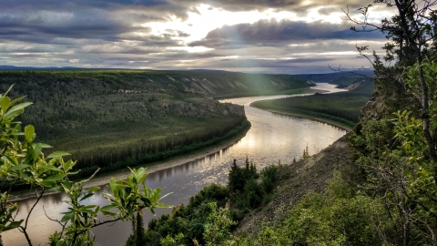 Landscape view of a river and boreal forest