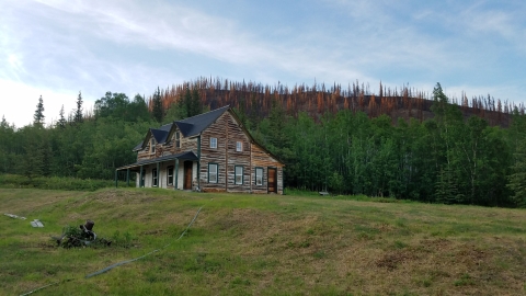 A historic wood house on a green bank