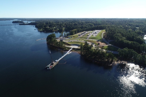 Aerial View of a boat dock and parking lot