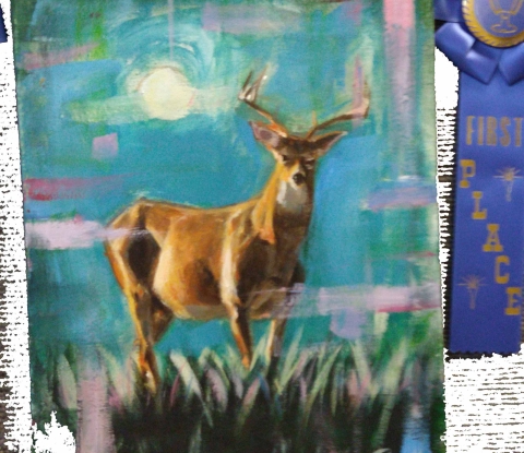 Painting of a buck standing in meadow