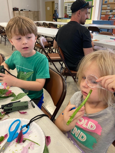 Children look at a plant in a homeschool class