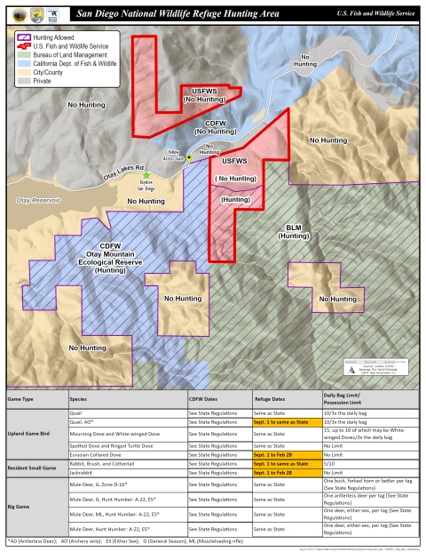 Map of San Diego National Wildlife Refuge Hunting Area by the U.S. Fish and Wildlife Service. The map shows areas that allow or don’t allow hunting on U.S. Fish and Wildlife Service, Bureau of Land Management, California Department of Fish and Wildlife, City/County, and Private land. Game type, species, CDFW Dates for 2022-2023 season, refuge dates, and daily bag limit/possession limit is described on the spreadsheet below the map. For assistance call the refuge manager at 619-385-1190.