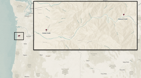 Map of Oregon with an insert showing two points indicating the Green Creek and Samson Creek project sites near the Trask River.