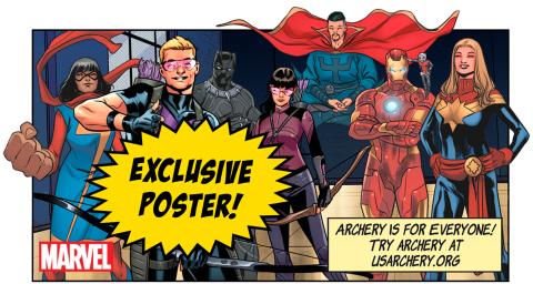 Hawkeye and other Marvel superheroes in comic strip style poster promoting the Archery is for Everyone! campaign. 