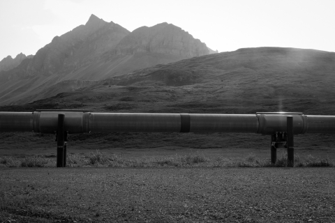 A black and white photo of a section of the Trans-Alaska Oil Pipeline in the foreground -- underneath it, permafrost tundra stretches across vast hills. In the background, peaks of the Brooks Range, within the Arctic National Wildlife Refuge, extend into a white sky.