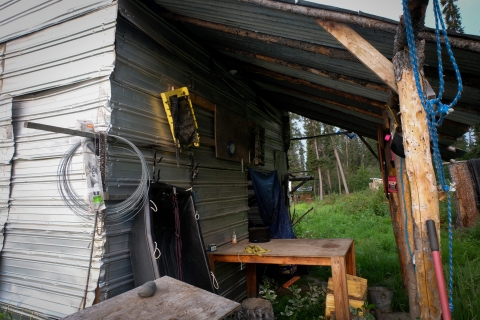 A color photo of Chief Rhonda Pitka's smokehouse, which has been empty for four years due to a Chinook salmon shortage on the Yukon River, which flows just a few feet away. A slanted metal sheet roof extends over a wooden house frame as tall grass grows around it.