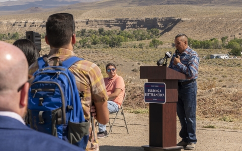 Pyramid Lake Paiute Tribal Chairman James Phoenix speaks during the groundbreaking ceremony.