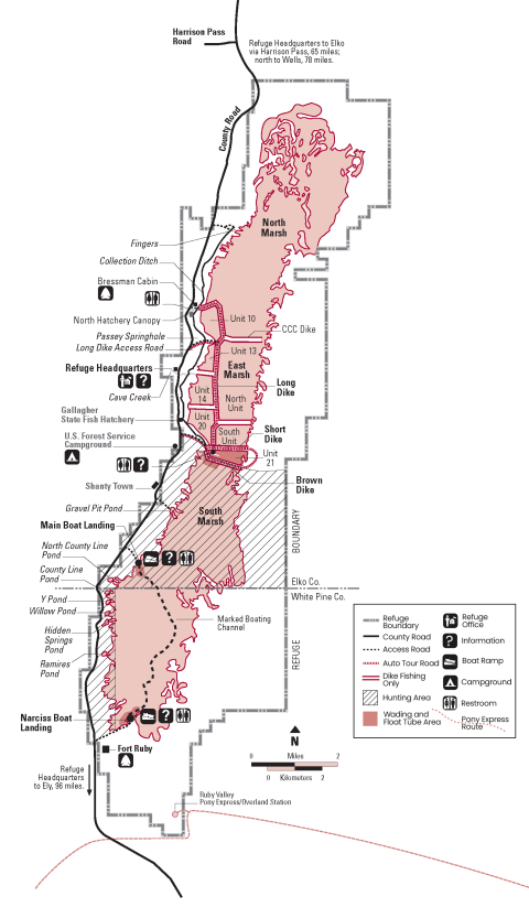 Map of Ruby Lake National Wildlife Refuge showing roads and important landmarks for hunting and fishing. 