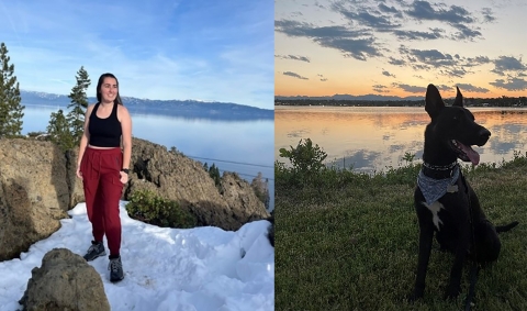 image of a woman in a snowy, rocky, landscape next to an image of a black dog in a bandana against a lake backdrop