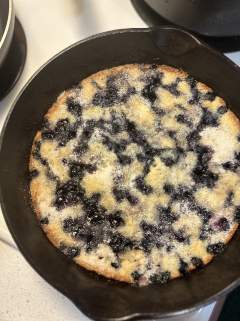 hot cobbler in a cast iron skillet