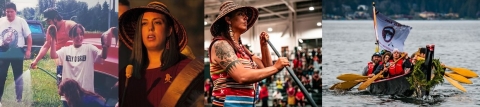 This is a collage of four images. On the left Bethany proudly holds up two salmon fillets. Second from left, Bethany drumming. Third from the left, Bethany holding a canoe paddle at a culture