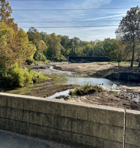 Overlooking the free-flowing river from a bridge with foliage in the background