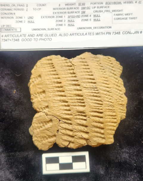 A beige rough-edged square-shaped Sherd artifact pictured on a black background below its printed text inventory description which labels it as a portion of a bowl or body of a vessel. 