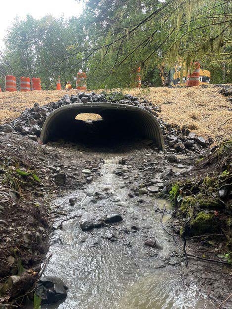 An open arch culvert with construction cones in the background