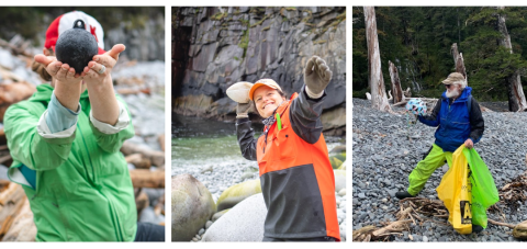 Collage of three images. Left image of person holding small plastic buoy. Middle image of person throwing a foam football. Right image of person looking at a bike helmet.