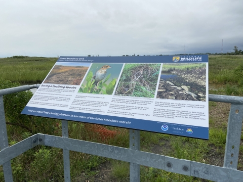 A sign with photos and text is attached to a gray metal railing that overlooks level ground with green plants