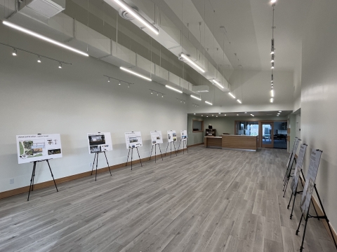 Visitor Center hall with posters on easels