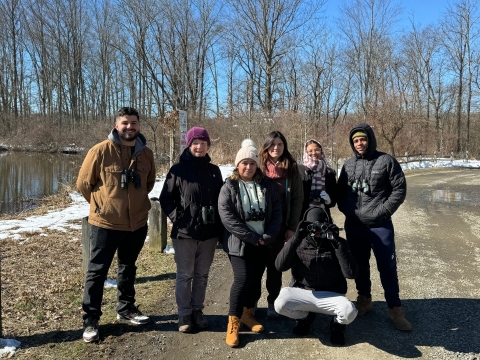 Krystal San Lucas (3rd from Left) and other members of Groundwork Elizabeth post for a group photo at the 2024 Great Backyard Bird Count at Great Swamp National Wildlife Refuge