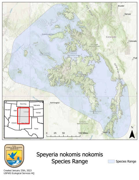 Species range map showing range in southwest Colorado, northern New Mexico, and eastern Utah