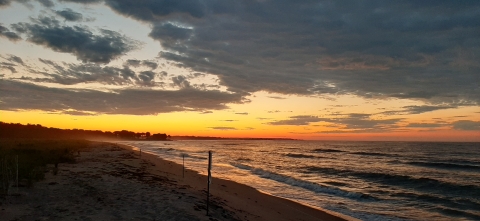 The glowing sun rises over a beach. 