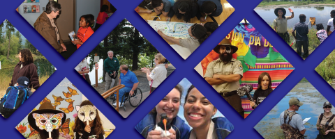 Collage of images depicting diverse FWS employees engaging youth, the public, and research