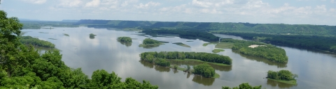 A view down onto a river with braided channels and islands