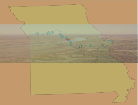 Graphic of state of Missouri with refuge units as green stars and headquarters as red star